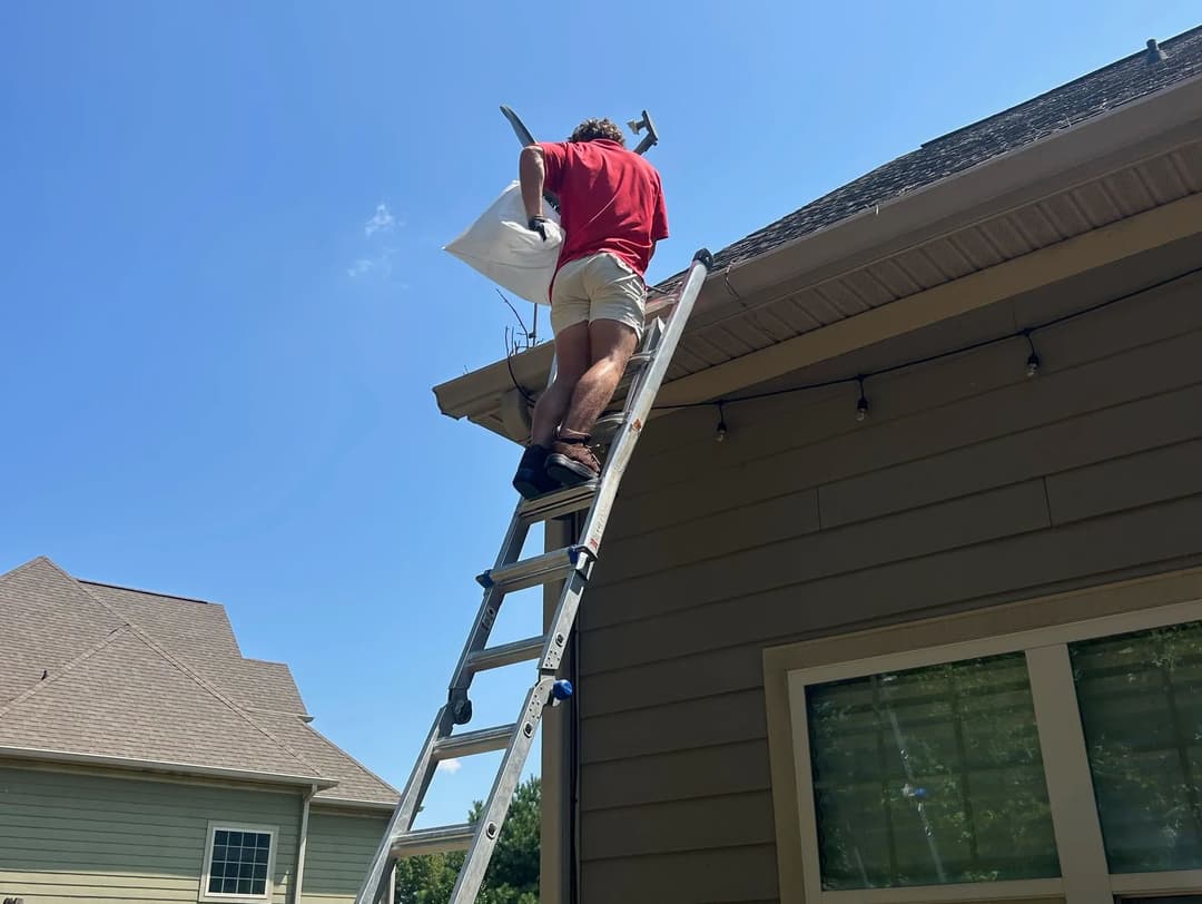 Man on ladder cleaning gutter on residential home under clear blue sky.